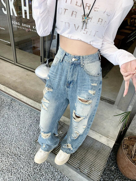 Plus size American Hole high waist straight-leg denim women’s pants by MANDOTOS, featuring a stylish distressed design.