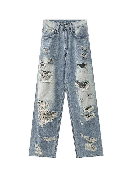 Plus size American Hole high waist straight-leg denim pants for women by MANDOTOS, showcasing stylish denim with distressed details.