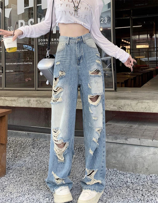 Plus size high waist straight-leg denim pants for women by MANDOTOS featuring American hole design and comfortable fit.