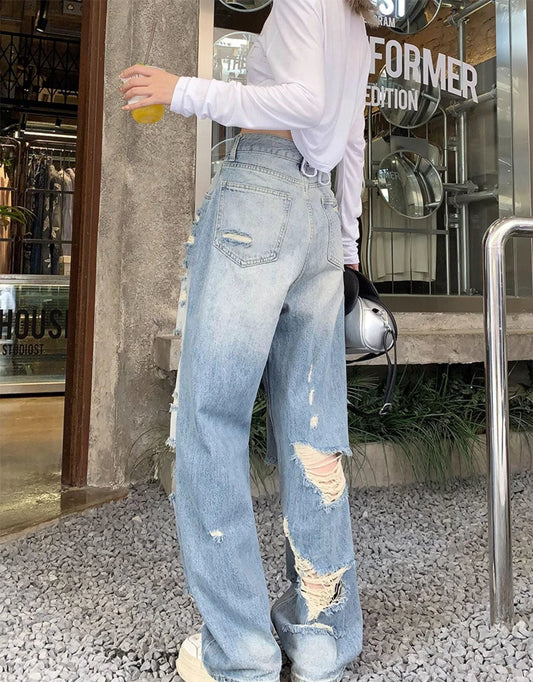 Plus size high waist straight-leg denim pants for women by MANDOTOS with American hole design, stylish and comfortable.