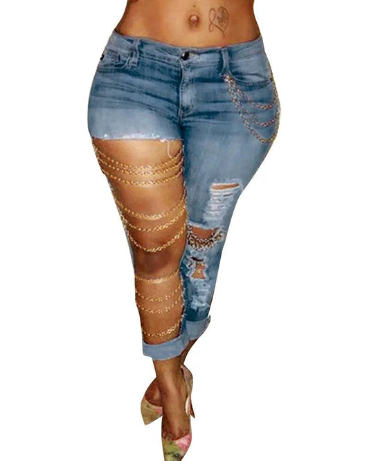Mandotos women's denim pencil jeans with big holes, chain detail, slim fit, solid color, streetwear style, spring 2024.