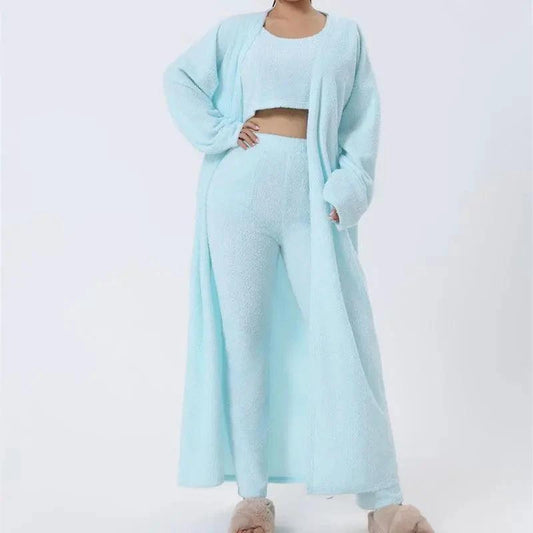 Women's cozy 3-piece lounge set from MANDOTOS featuring a pajama top, bottoms, and a matching cardigan for comfortable relaxation.