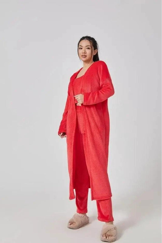 Women's cozy 3-piece lounge set from MANDOTOS, includes pajama top, bottoms, and cardigan, perfect for comfortable lounging.