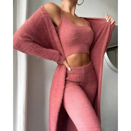 Women's 3-piece cozy lounge set by MANDOTOS, featuring a pajama top, bottoms, and a matching cardigan for comfortable relaxation.