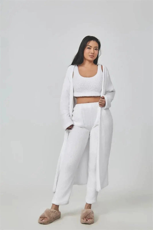 Women’s 3-piece cozy lounge set by MANDOTOS, featuring comfortable pajamas with a matching cardigan and pants.