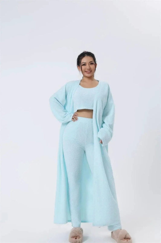 Women's 3-piece cozy lounge set with pajama top, bottoms, and cardigan by MANDOTOS, soft and comfortable sleepwear ensemble.