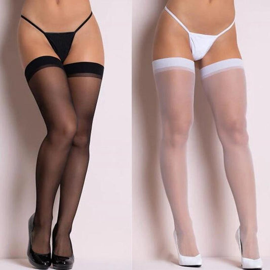 Mandotos women's sheer thigh-high socks, summer hosiery, lightweight and breathable for warm weather, shown on a model's legs.