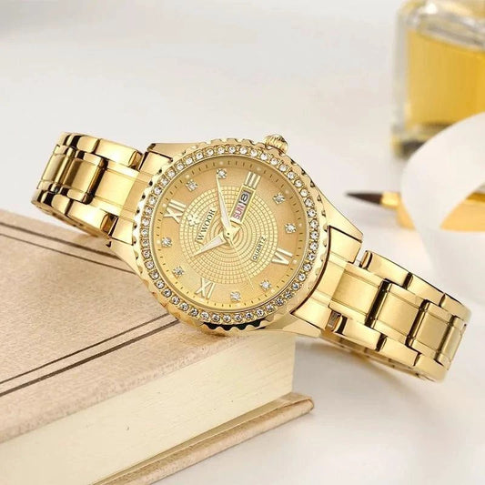 Mandotos WWOOR Elegance Gold Diamond Quartz Watch with a sleek gold band and sparkling diamond accents.