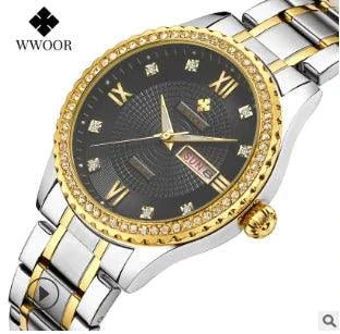Mandotos WWOOR Elegance gold diamond quartz watch with a sleek design and sparkling accents on the dial.