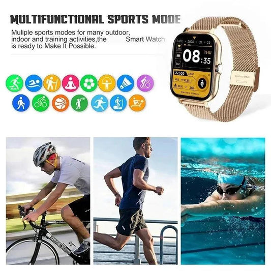 MANDOTOS Y13 Smart Watch showing digital display with pedometer, heart rate monitor, and Bluetooth call feature.