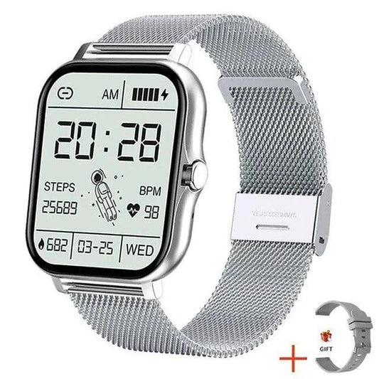 Mandotos Y13 Smart Watch with pedometer, heart rate monitor, Bluetooth call feature, black strap, digital display.