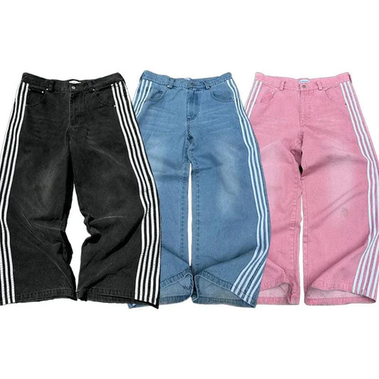 Mandotos Y2K baggy jeans with vintage striped embroidery, wide-leg style, casual streetwear jeans for men and women.