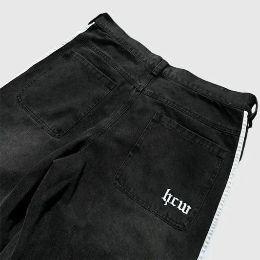 Mandotos Y2K baggy jeans with vintage striped embroidery, wide-leg fit, casual streetwear style for men and women.