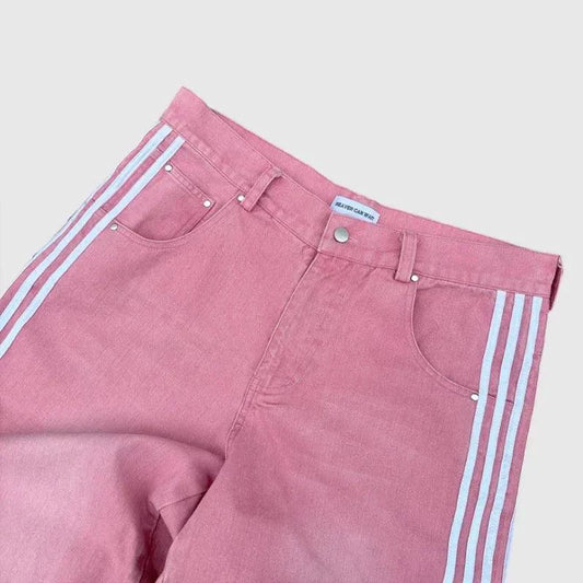 Mandotos Y2K baggy jeans with vintage striped embroidery, wide-leg fit, casual streetwear style for men and women.