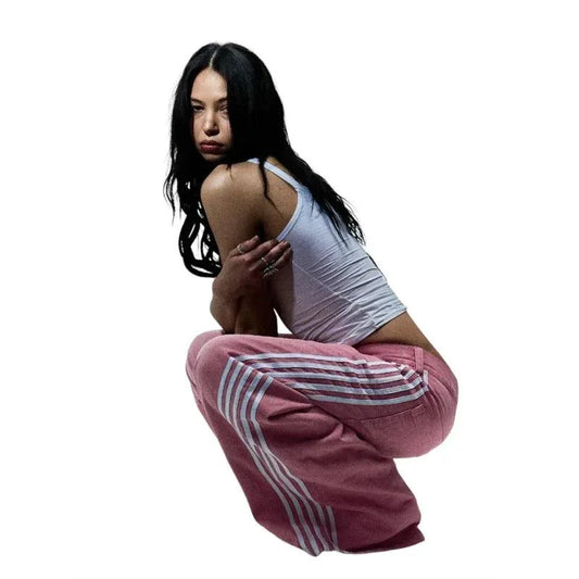 Mandotos Y2K baggy jeans with vintage stripes, embroidered details, wide-leg fit, suitable for men and women streetwear and hip hop fashion.