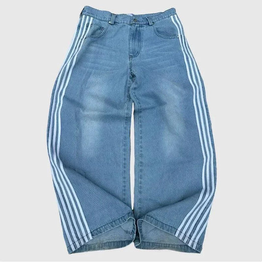 Mandotos Y2K Baggy Jeans with striped embroidery, vintage style, wide-leg fit, casual streetwear for men and women.