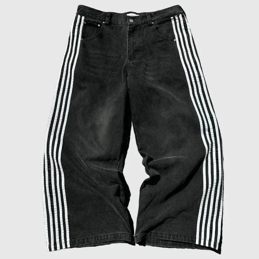 Mandotos Y2K baggy jeans with vintage striped embroidery, wide-leg fit, casual streetwear style for men and women.