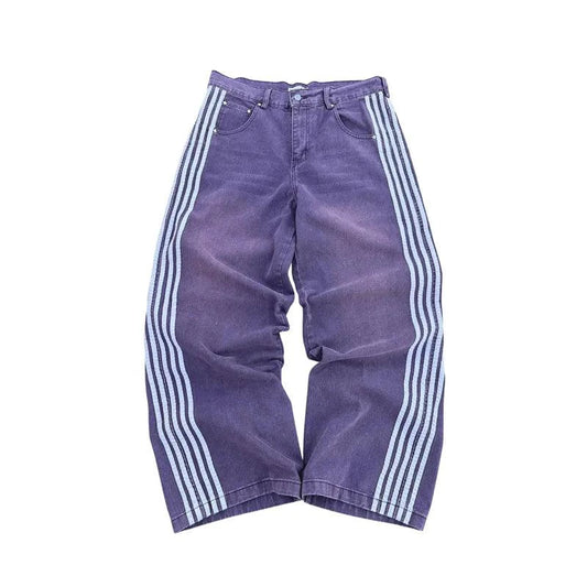 Mandotos Y2K baggy jeans with vintage Harajuku style, striped embroidery, wide-leg fit, casual streetwear for men and women.