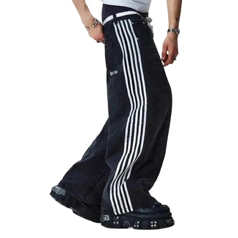 Mandotos Y2K baggy denim jeans with embroidered striped design, wide-leg fit, suitable for streetwear for men and women.