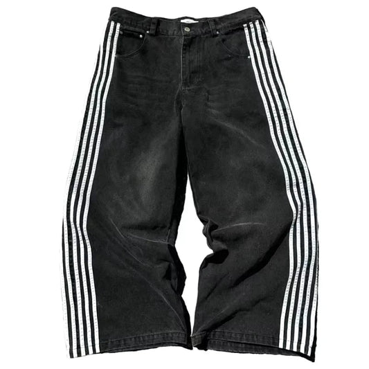 Mandotos Y2K baggy jeans with embroidered stripes, wide-leg denim, streetwear style for men and women, casual hip-hop fashion
