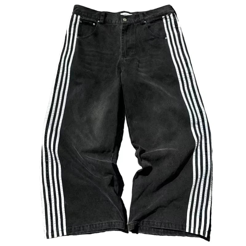 Mandotos Y2K baggy jeans with embroidered stripes, wide-leg denim, streetwear style for men and women, casual hip-hop fashion