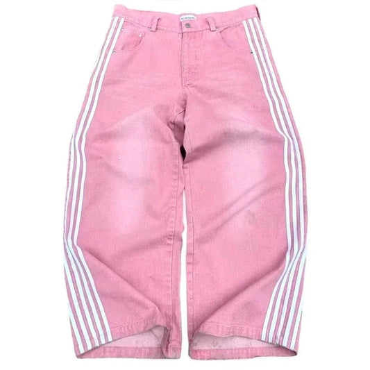 Mandotos Y2K baggy jeans with embroidered striped design, wide-leg denim streetwear sweatpants for men and women.