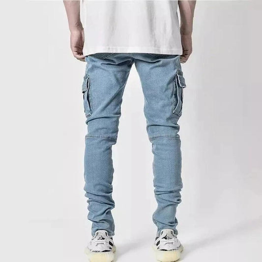 Men Street Elastic Denim Jeans Wash Solid Color Multi Pockets Cargo Pants Casual Slim Fit Daily Wear Joggers Mid Waist Trousers - MANDOTOS