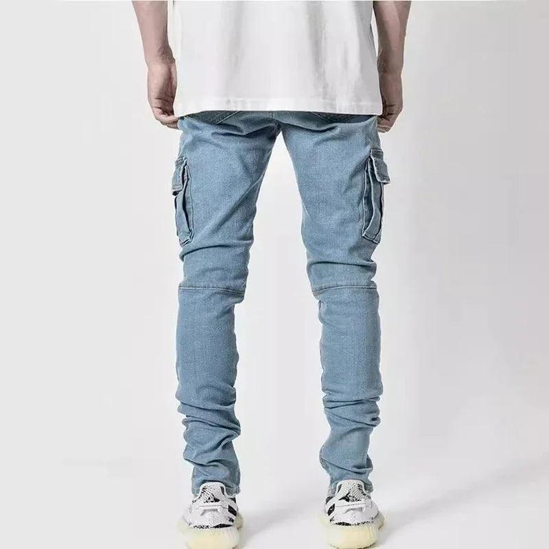 Men Street Elastic Denim Jeans Wash Solid Color Multi Pockets Cargo Pants Casual Slim Fit Daily Wear Joggers Mid Waist Trousers - MANDOTOS