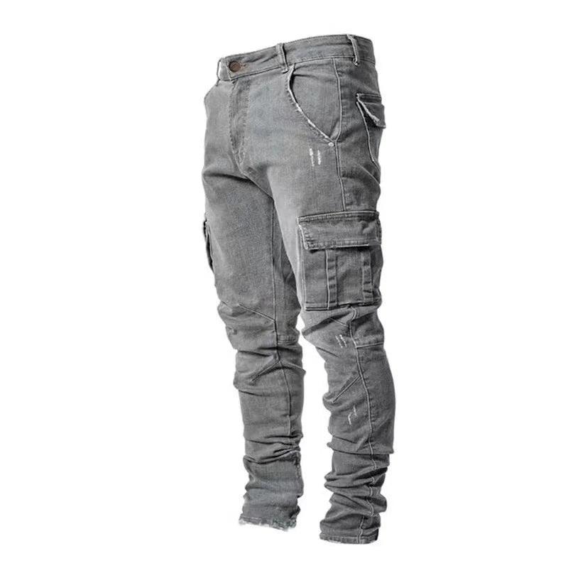 Men Street Elastic Denim Jeans Wash Solid Color Multi Pockets Cargo Pants Casual Slim Fit Daily Wear Joggers Mid Waist Trousers - MANDOTOS