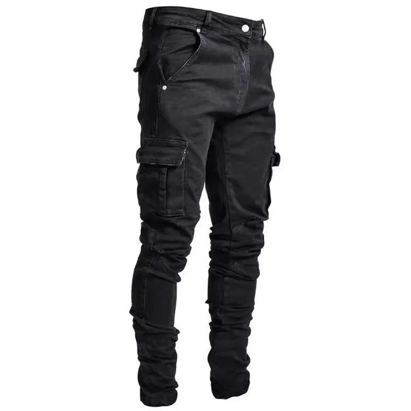 Men Street Elastic Denim Jeans Wash Solid Color Multi Pockets Cargo Pants Casual Slim Fit Daily Wear Joggers Mid Waist Trousers - MANDOTOS