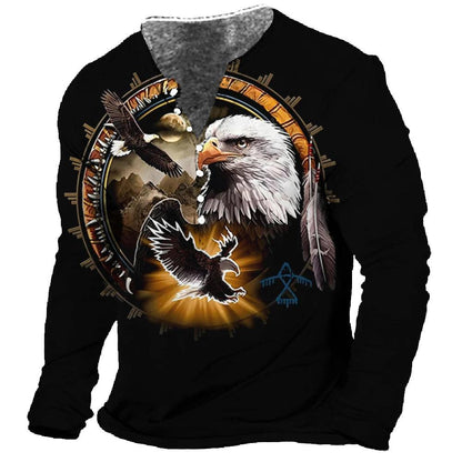 Men T-Shirt Henley Vintage Eagle Motorcycle Print Long Sleeve Daily Top Harajuku Streetwear Tee Men Seven Button  Pullover