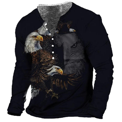 Men T-Shirt Henley Vintage Eagle Motorcycle Print Long Sleeve Daily Top Harajuku Streetwear Tee Men Seven Button  Pullover