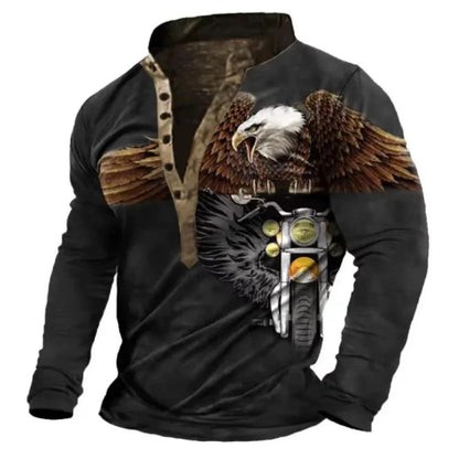 Men T-Shirt Henley Vintage Eagle Motorcycle Print Long Sleeve Daily Top Harajuku Streetwear Tee Men Seven Button Pullover