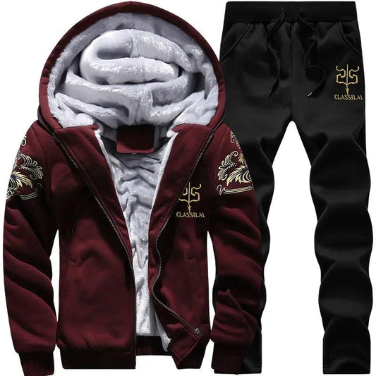 Men's autumn and winter sports set hooded casual cardigan jacket outdoor thickened warm sports shirt+pants two-piece set -