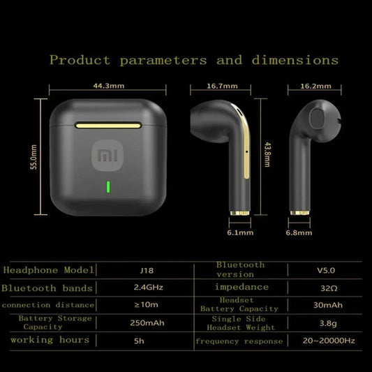 Xiaomi J18 true wireless earbuds with noise cancelling, HiFi stereo sound, in-ear design, microphone, and waterproof feature.