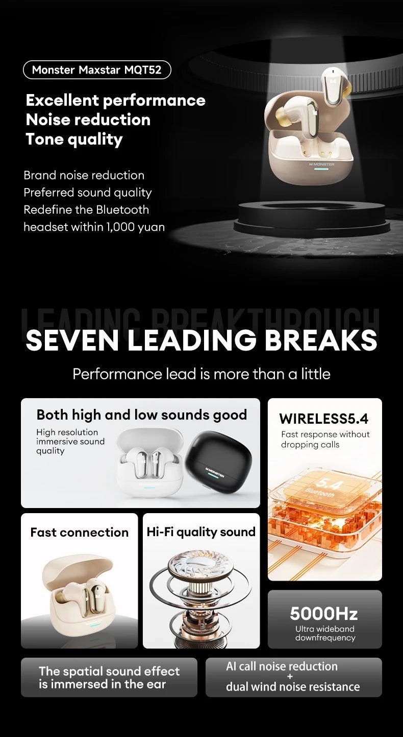 Monster MQT52 Wireless Bluetooth 5.4 Earphones Long Battery Life Gaming Headphones Dual Mode HIFI Stereo Sound Headset With Mic - MANDOTOS