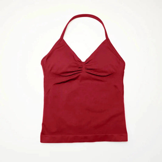 NCLAGEN Impact longline strappy sports yoga vest for women, open-back gym tank top with halter design for running and workouts.
