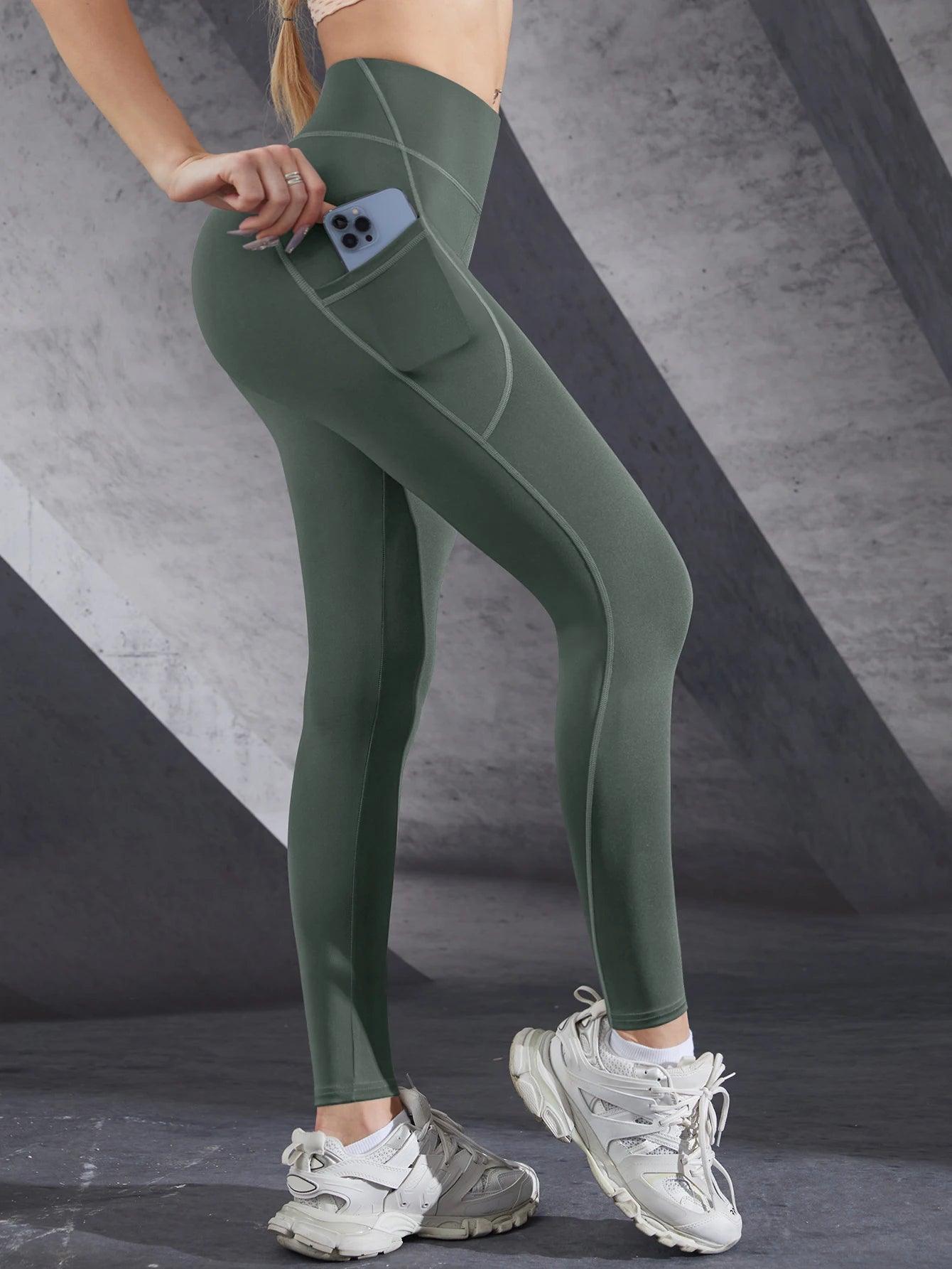 New High Waist Women's Leggings Stretch Yoga Pants Tights With Pockets Push Up Fitness Running Sportswear Solid Color Pants - MANDOTOS