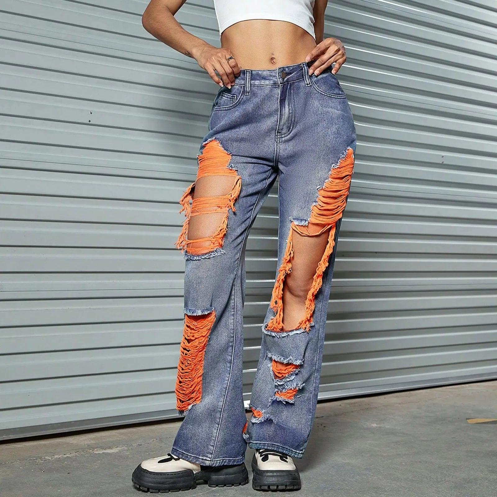 New Hole Ripped Jeans Women Booty Lifting Jeans Street Hip Hop Straight Leg Jeans Women'S Pants Korean Reviews Many Clothes - MANDOTOS