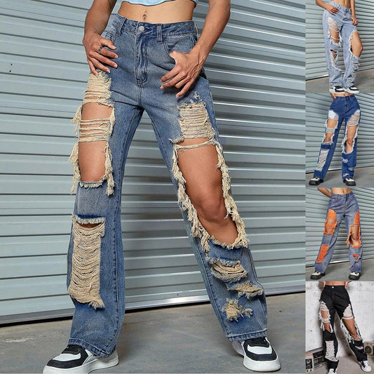 New Hole Ripped Jeans Women Booty Lifting Jeans Street Hip Hop Straight Leg Jeans Women'S Pants Korean Reviews Many Clothes - MANDOTOS