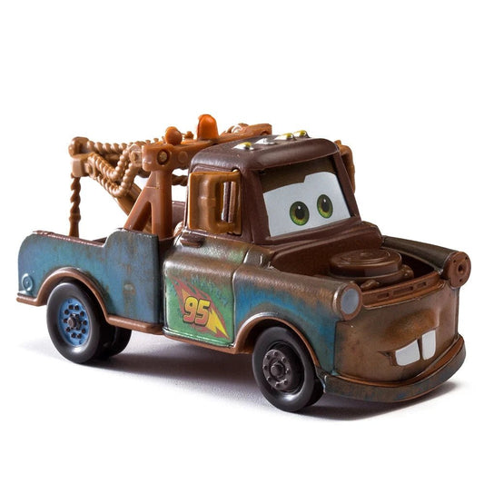 Disney Pixar Cars 1:55 diecast toy car set with Lightning McQueen, Mater, Jackson Storm, and The King in metal alloy finishes.