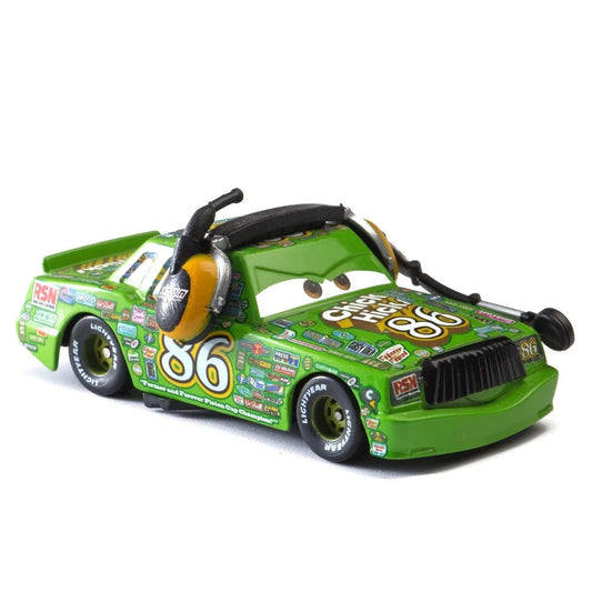 Disney Pixar Cars 1:55 diecast toy car set featuring Lightning McQueen, Mater, Jackson Storm, and The King in metal alloy.