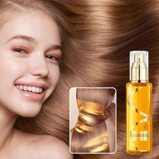 Perfume Soft Hair Care Oil bottle with spray nozzle, nourishing anti-static spray for frizz-free, hydrated hair.