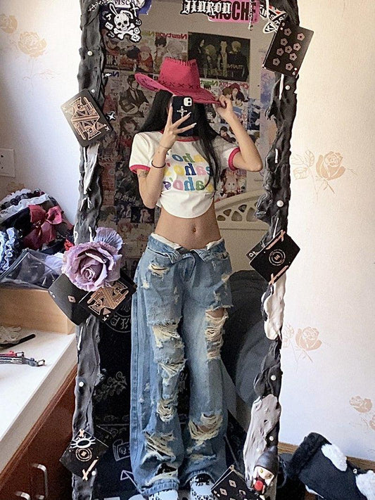 Plus Size American High Street Wide Leg Ripped Denim Women's Summer Retro High Waist Straight-leg Loose Mop Pants Pants - MANDOTOS