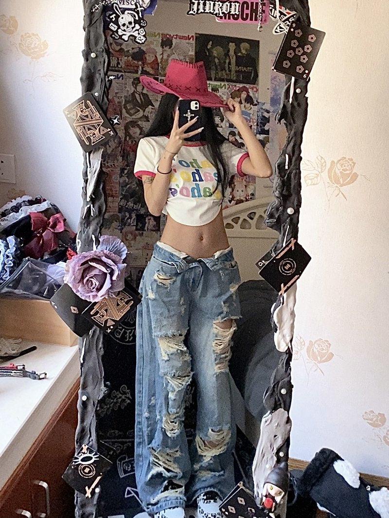 Plus Size American High Street Wide Leg Ripped Denim Women's Summer Retro High Waist Straight-leg Loose Mop Pants Pants - MANDOTOS