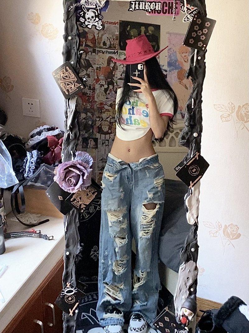 Plus Size American High Street Wide Leg Ripped Denim Women's Summer Retro High Waist Straight-leg Loose Mop Pants Pants - MANDOTOS