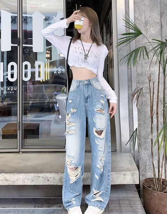 Plus Size American Hole Plus Size Ladies High Waist Straight-leg Denim - MANDOTOS