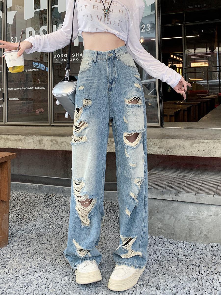 Plus Size American Hole Plus Size Ladies High Waist Straight-leg Denim - MANDOTOS