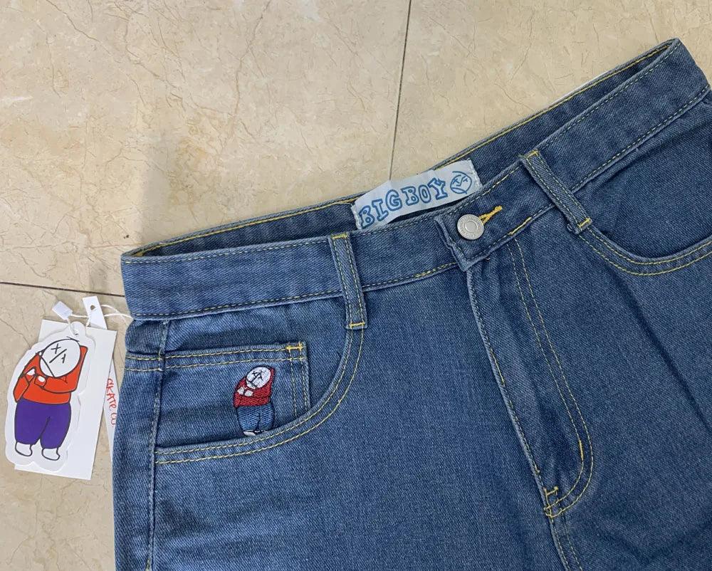 Polar Big Boy Embroidery Jeans Y2K Pants Streetwear Gothic Cartoon Blue Baggy Jeans Retro Punk Rock High Waist Denim Trousers - MANDOTOS