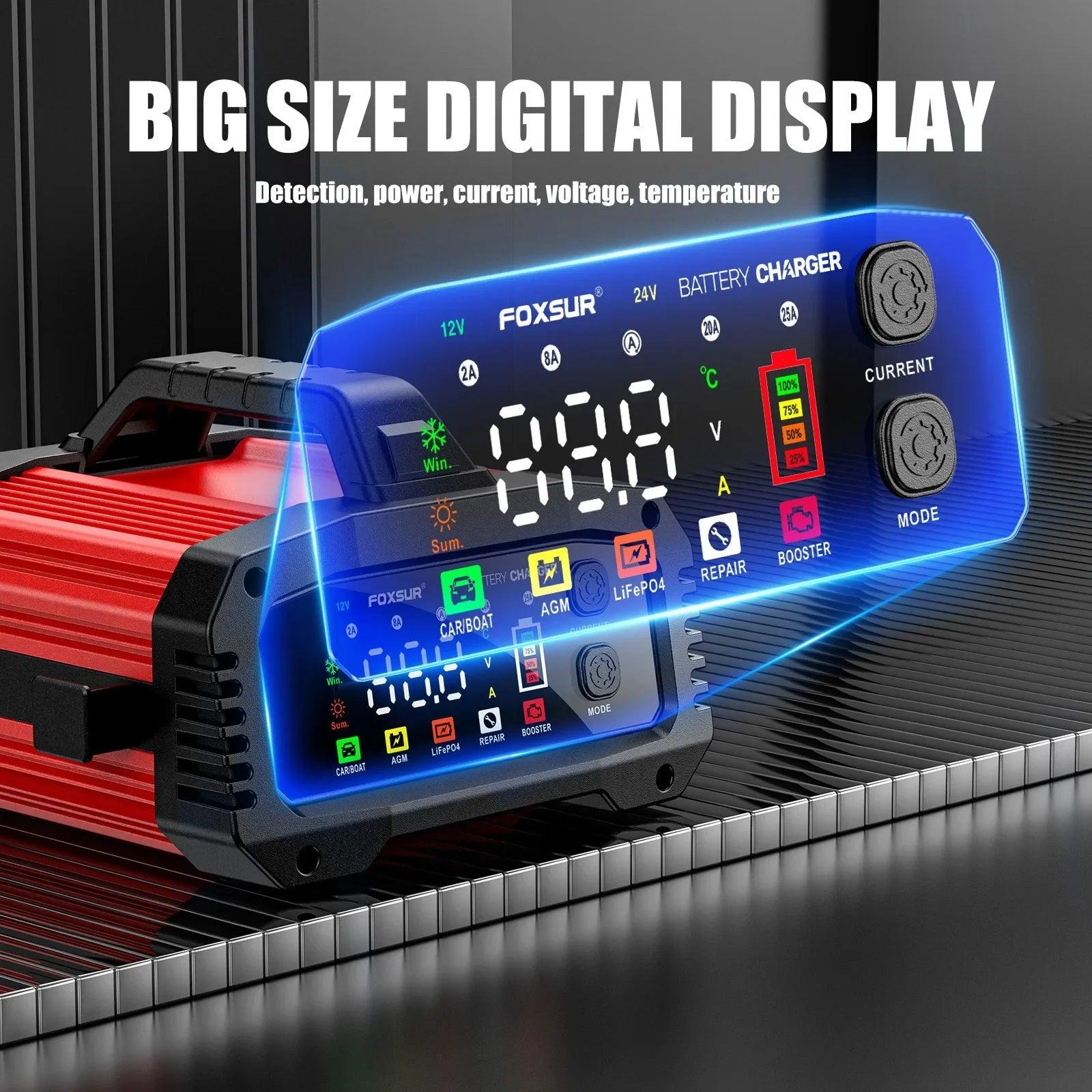 Portable 25A/15A Smart Car Battery Charger for 12V-24V Motorcycle Lead Acid AGM GEL LiFePo4 Batteries Car Booster Pulse Repair - MANDOTOS